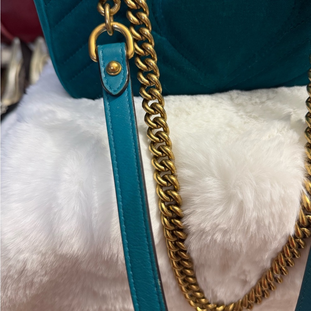 GG Marmont Teal Velvet Crystal Embellished Limited Edition Shoulder/Crossbody - Picture 12 of 16